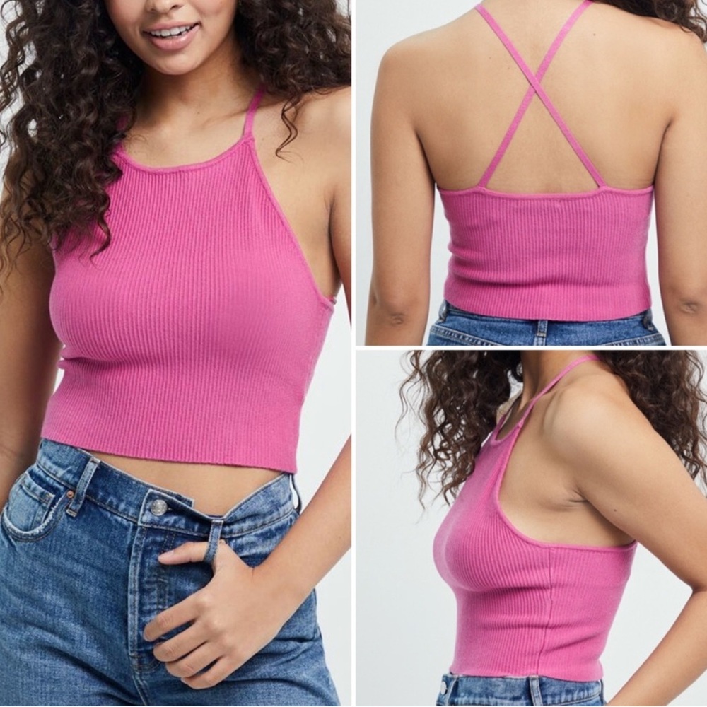 COPY - LA Hearts pink knit halter cropped top